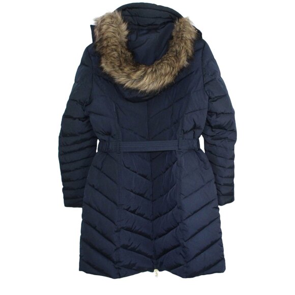MICHAEL KORS Down Blend Puffer Hooded Belted Mid Length Navy Blue Coat - Large - Picture 2 of 6